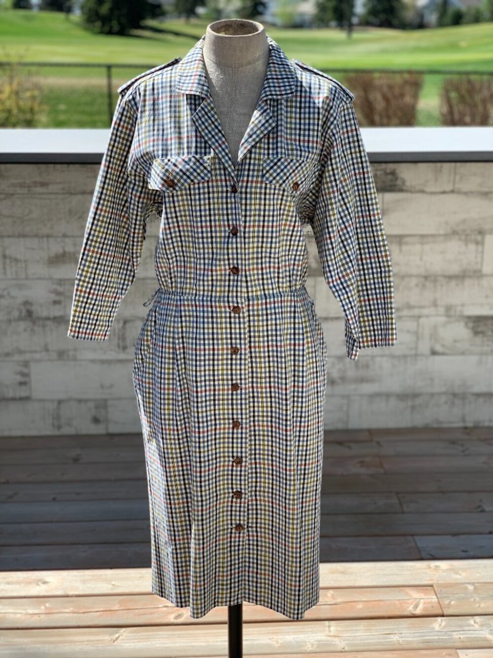 Vintage Plaid Utility Midi Shirt Dress Med Button Front Minimalist Modest Retro